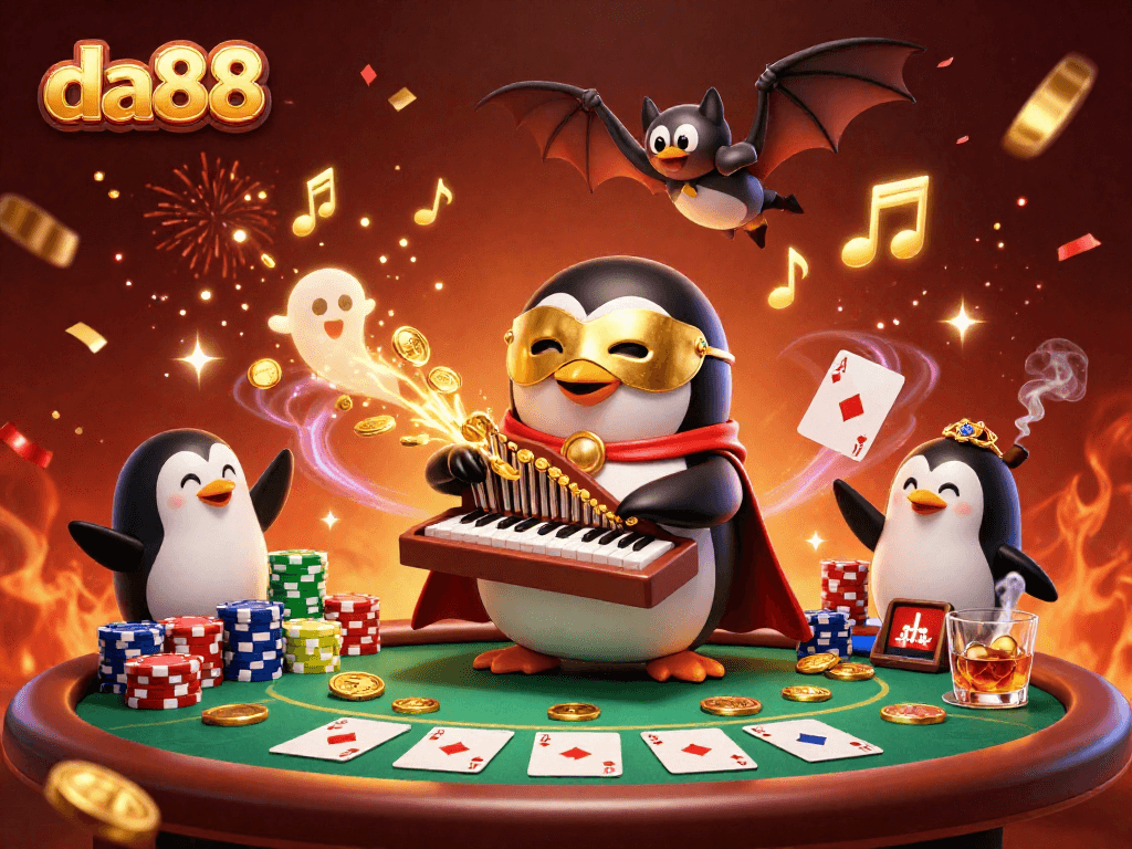 Experience thrilling wins at da88 with a vibrant scene featuring a penguin playing a golden coin organ amidst dynamic action.