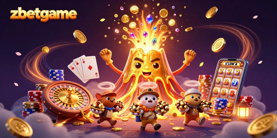 Experience thrilling gameplay with zbetgame, where a golden volcano erupts treasures in a vibrant casino scene.