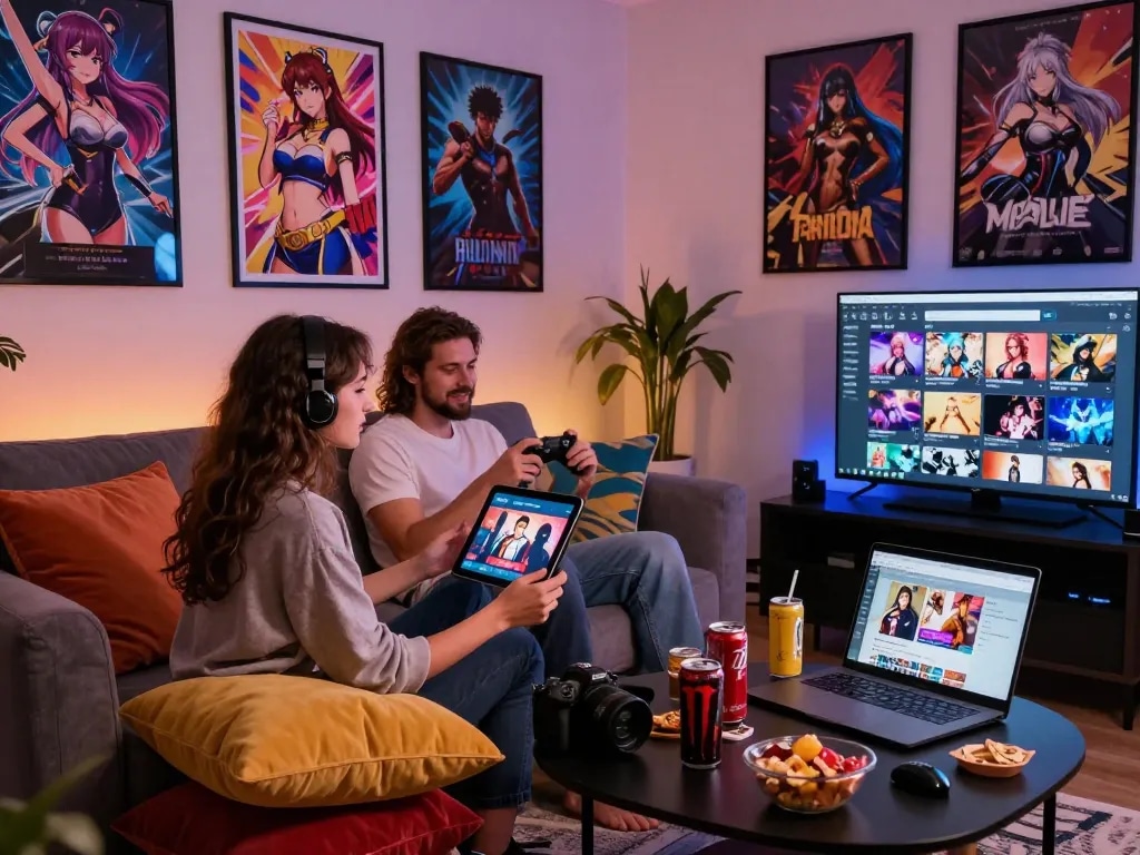 Engaging scene of a couple playing a sex game online in a cozy living room.