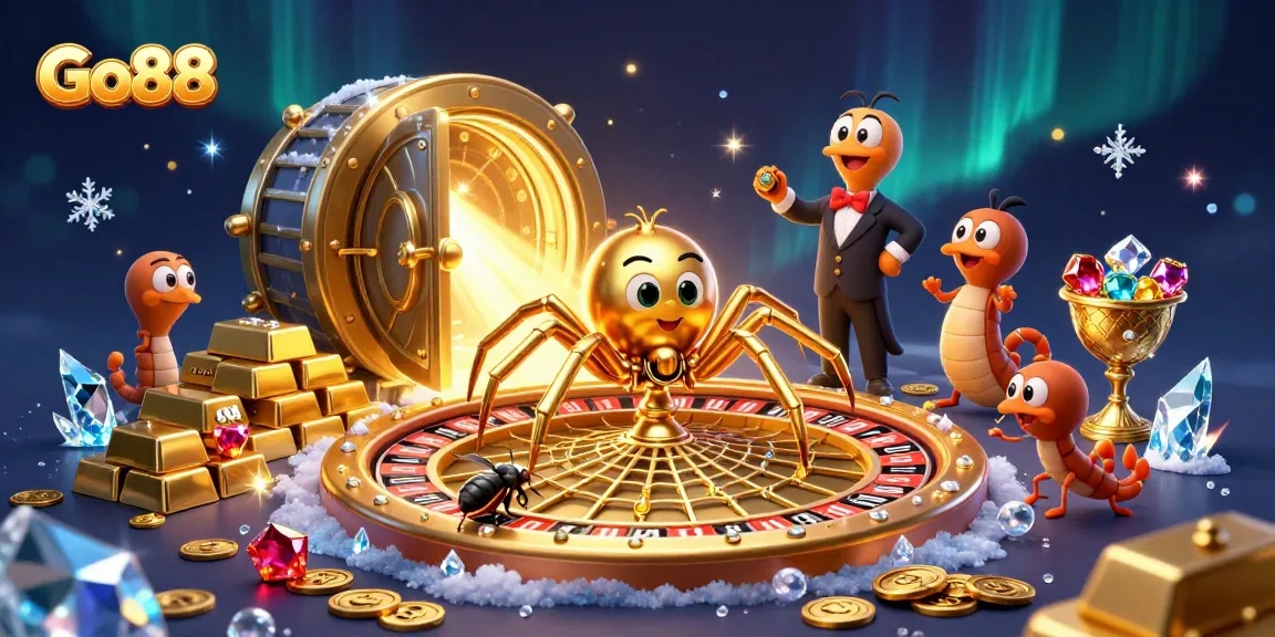 Go88 offers thrilling gameplay with a golden spider spinning a roulette web and players engaged in bets.