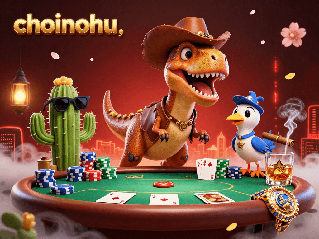 Engage with choinohu at a lively poker table featuring dinosaur and friends amid dramatic gaming elements.