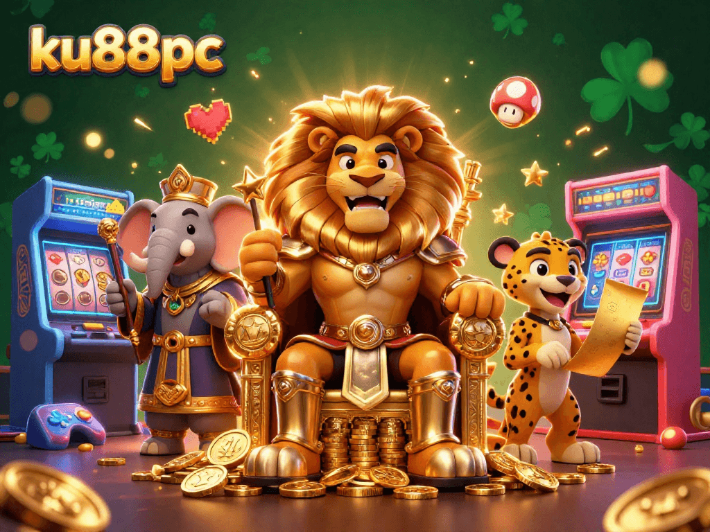 ku88pc brings a vibrant casino adventure featuring a lion king, wise elephant, and cheetah amidst gaming excitement.