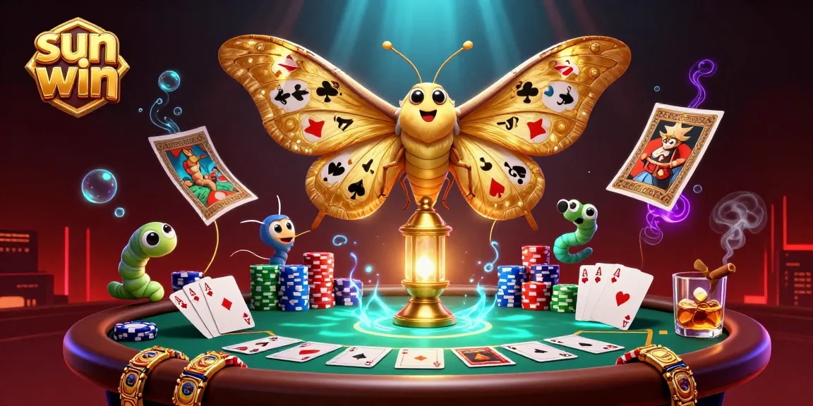 Engage in thrilling gameplay at Sun Win with a vibrant 3D casino scene featuring a golden moth and poker elements.