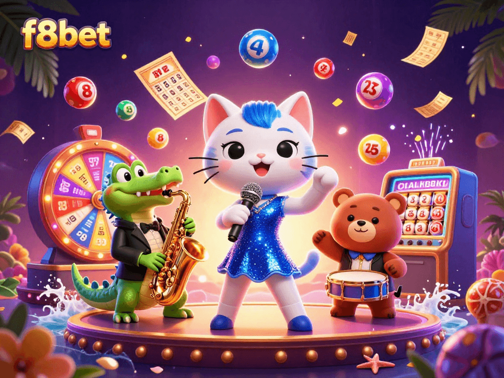 Experience the excitement of f8bet with lively characters and casino elements in this vibrant illustration.