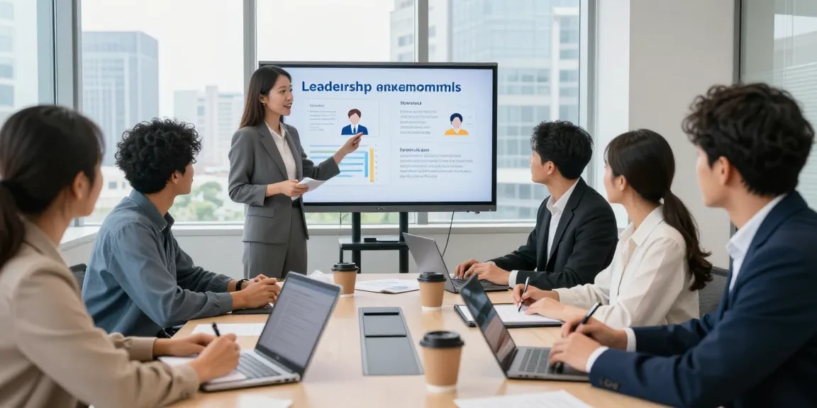 Führung anonym bewerten: Teammeeting mit visuellen Präsentationen zur Mitarbeiterzufriedenheit in modernem Büro.