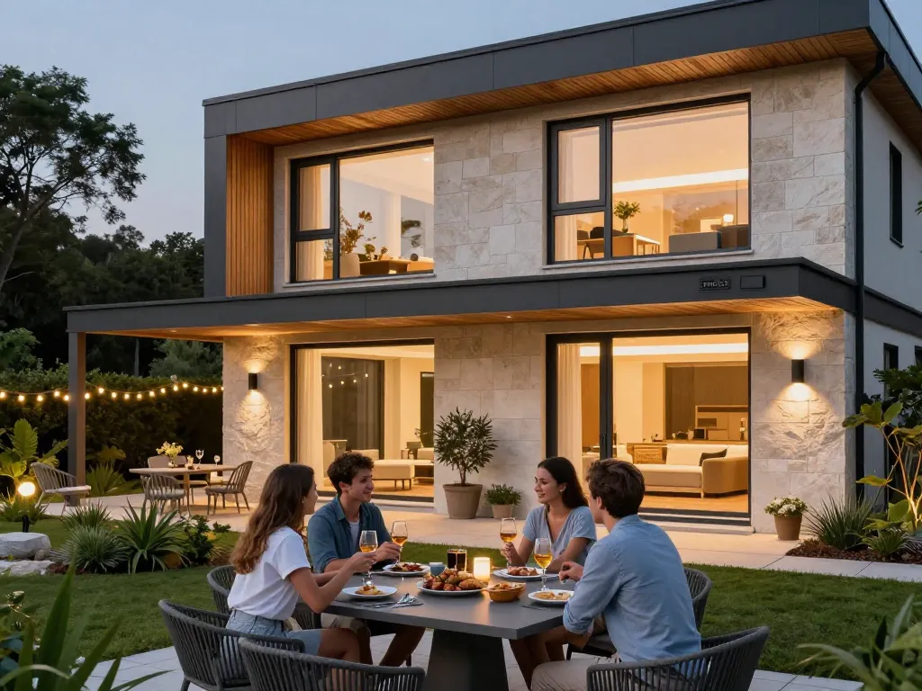 Familie genießt einen Abend mit Schüco Fenstern in einem gemütlichen modernen Gartenzuhause.
