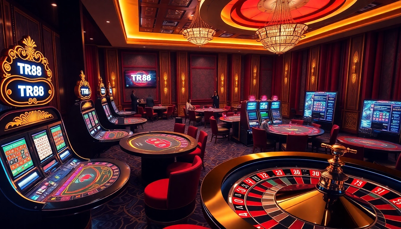 TR88 online gambling platform showcasing poker chips, slot machines, and a roulette wheel in a luxurious casino atmosphere.