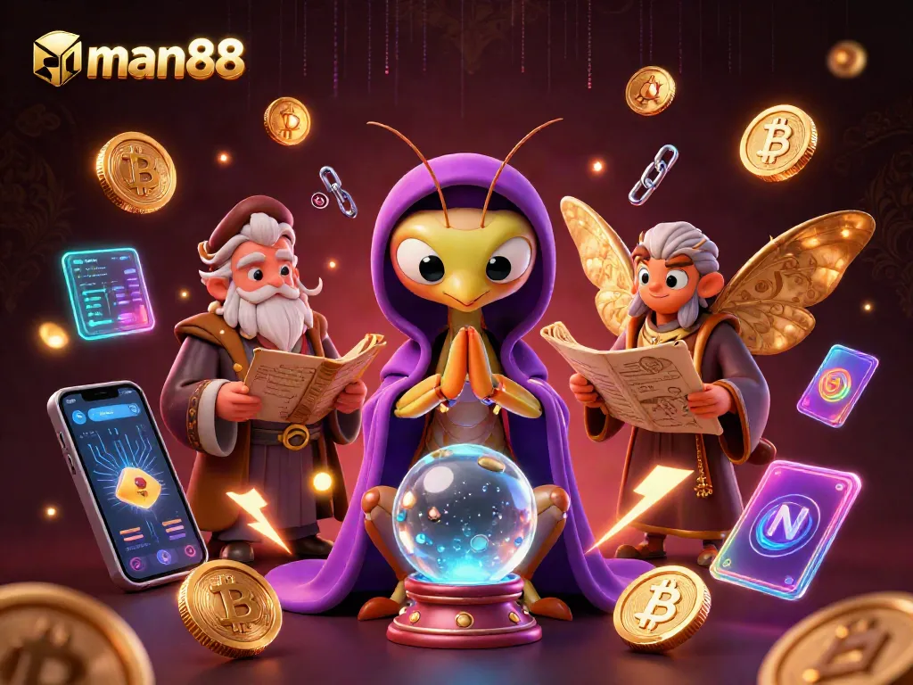 man88 promotes exciting gaming experiences with mystical fortune teller and neon crypto elements.