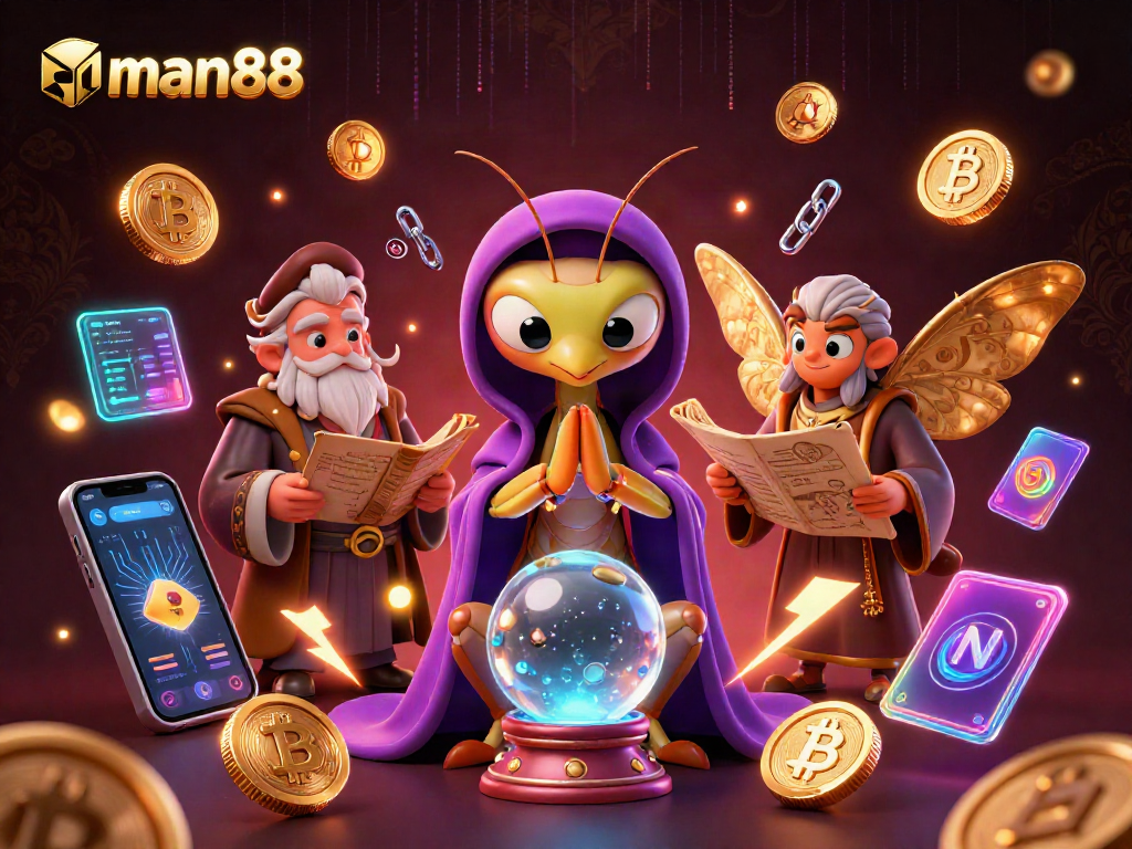 man88 promotes exciting gaming experiences with mystical fortune teller and neon crypto elements.