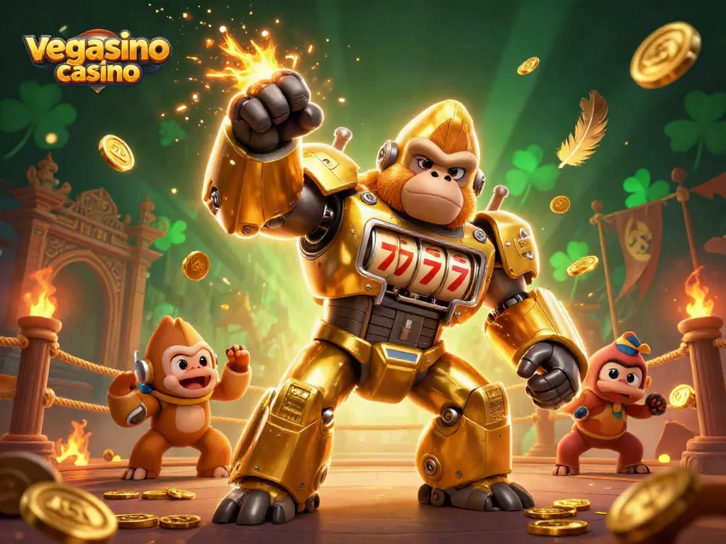 Engage in thrilling games at vegasino casino with vibrant 3D golden gorilla mech illustration.