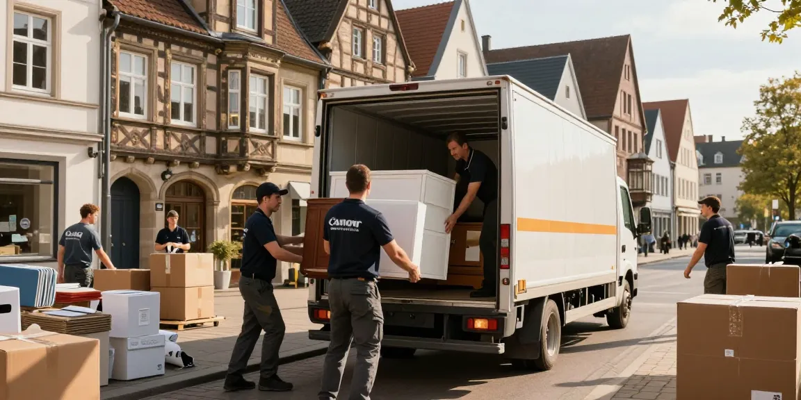 Umzugsunternehmen Worms - professionelle Umzugshelfer transportieren Möbel in der Stadt mit historischen Gebäuden im Hintergrund.