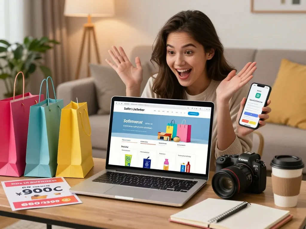 Aufgeregter Käufer, der online nach Sofort Lieferbar Produkten in einem gemütlichen Wohnzimmer stöbert.