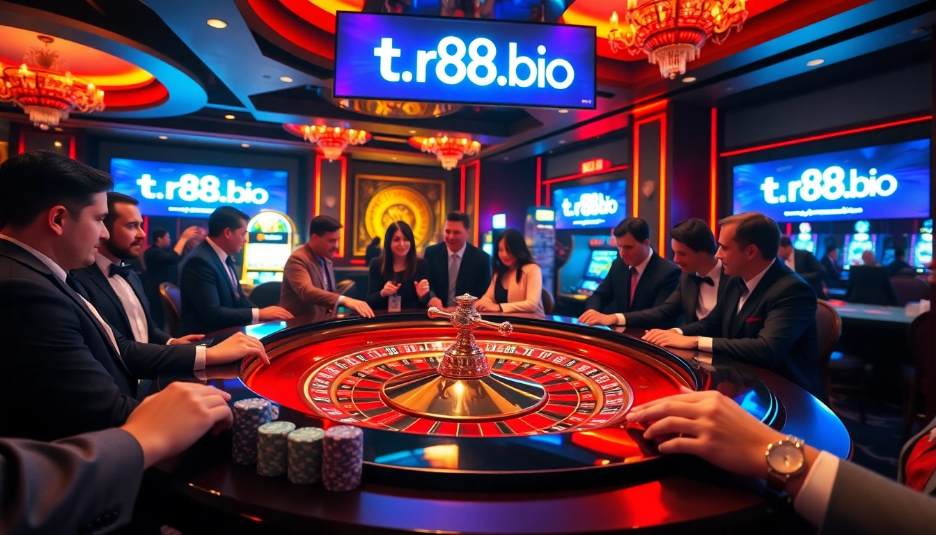 Experience excitement at https://tr88.bio/ with players engaging fervently at a glamorous roulette table.