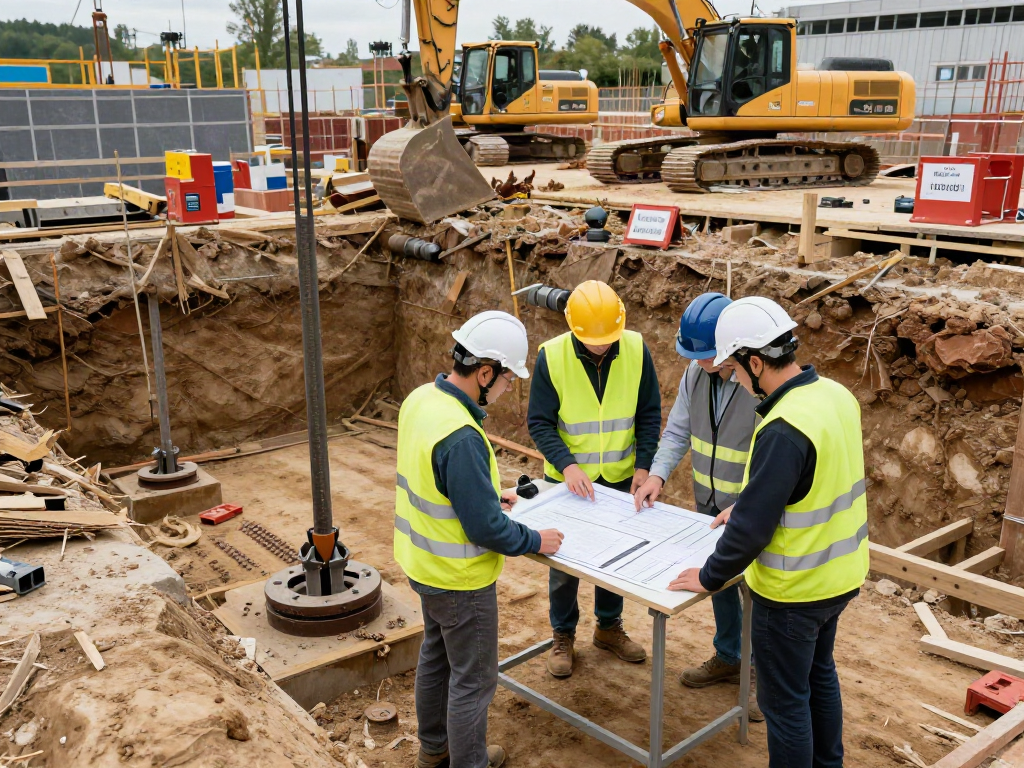 Baugrubensicherung auf einer Baustelle mit Ingenieuren und Bauarbeitern, die Sicherheitsmaßnahmen umsetzen.