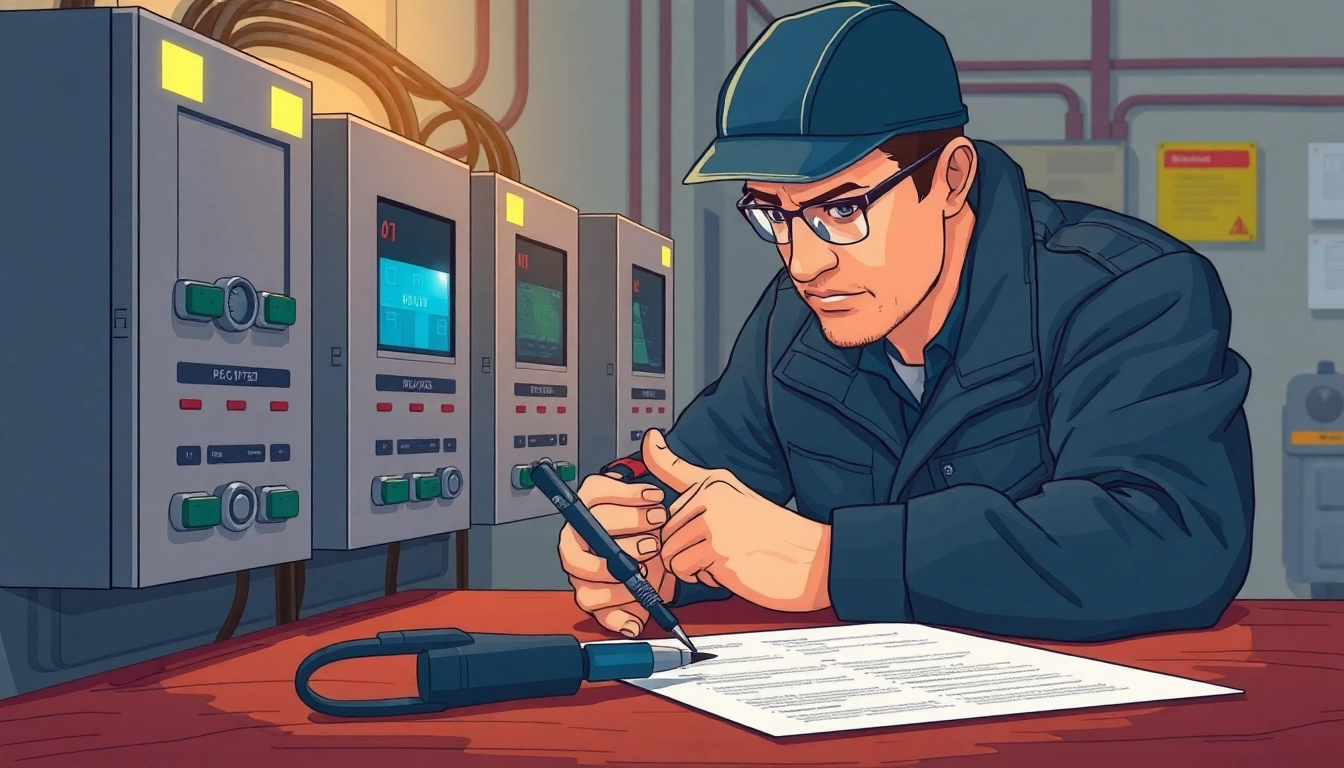 Technician performing DGUV V3 Prüfung, focusing on electrical safety checks in a workplace environment.