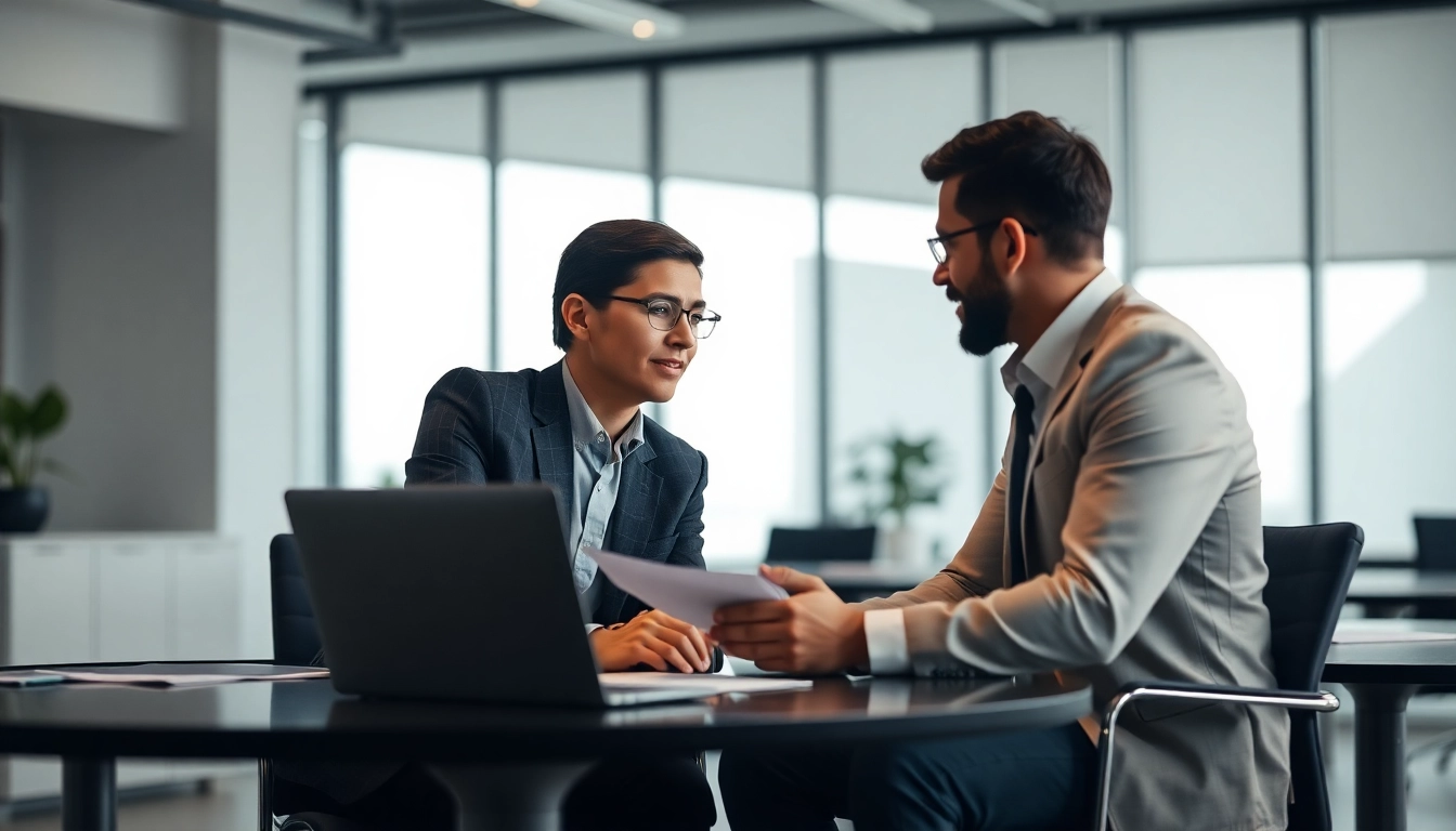 Headhunter collaborating with a client to strategize recruitment plans in a contemporary office setting.
