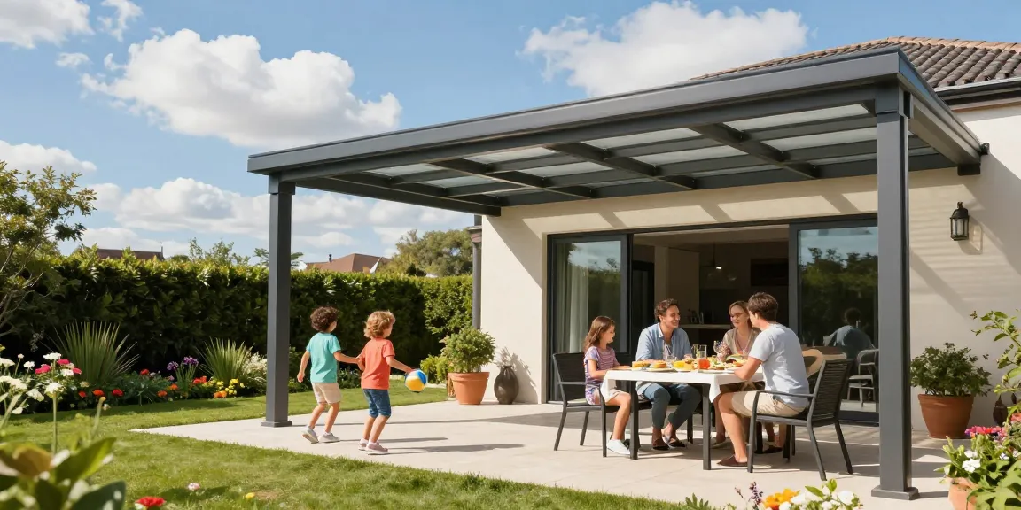 Moderne Terrassenüberdachung im Garten mit Familie, ideal für sonnige Tage.