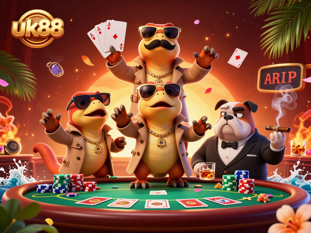 Experience the excitement of the uk88 casino with raptors in disguise trying to enter a VIP lounge filled with poker elements.