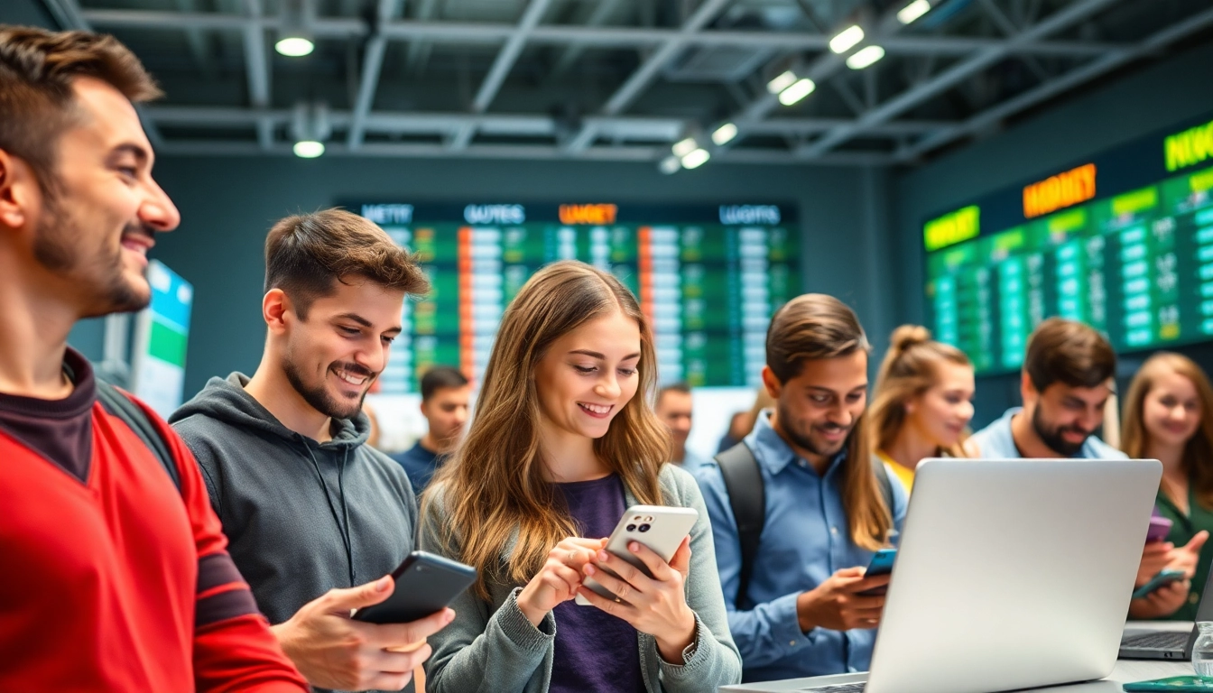 Wettende Menschen im Wettbüro platzieren Wetten ohne LUGAS auf digitalen Geräten, was eine dynamische Atmosphäre schafft.