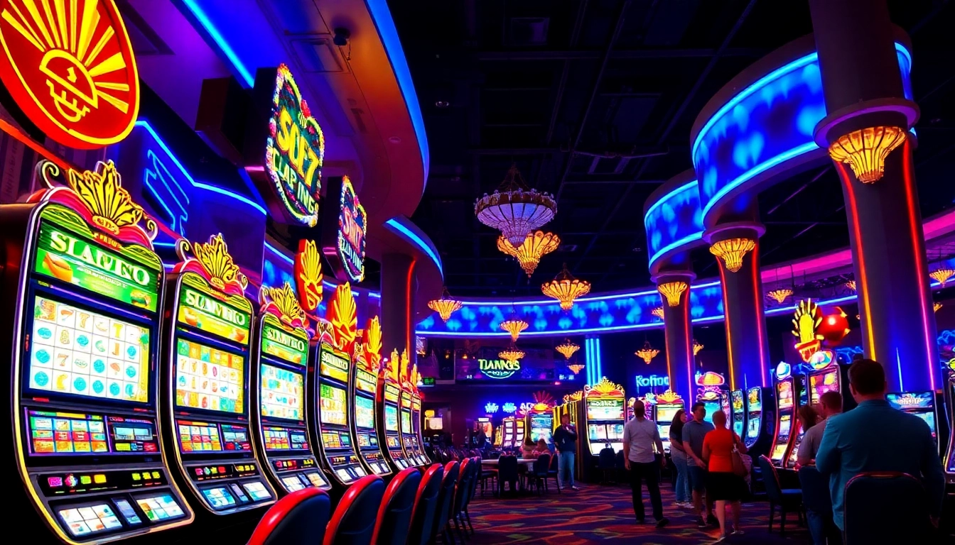 Experience the excitement of a Casino Bonus in a lively casino environment with colorful slot machines.
