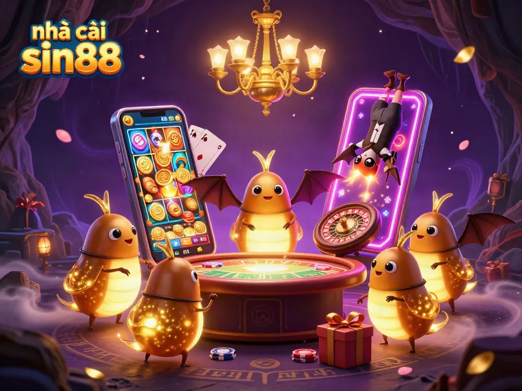 Experience thrilling gaming adventures at nhà cái sin88 with a vibrant casino scene featuring glowing glowworms and engaging gaming elements.