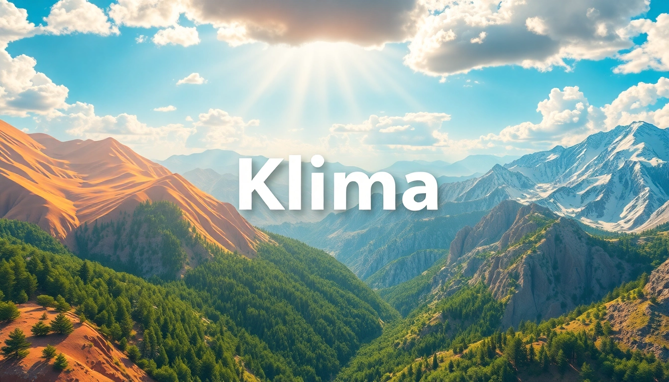 Visual representation of Klima showcasing diverse environments: deserts, forests, and mountains.