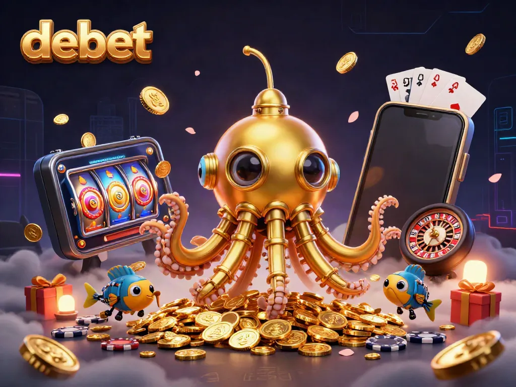 Spin the reels with debet in this vibrant casino scene featuring golden coins and thrilling gaming elements.