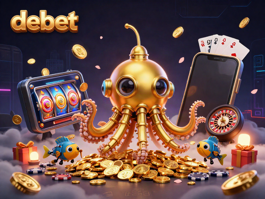 Spin the reels with debet in this vibrant casino scene featuring golden coins and thrilling gaming elements.