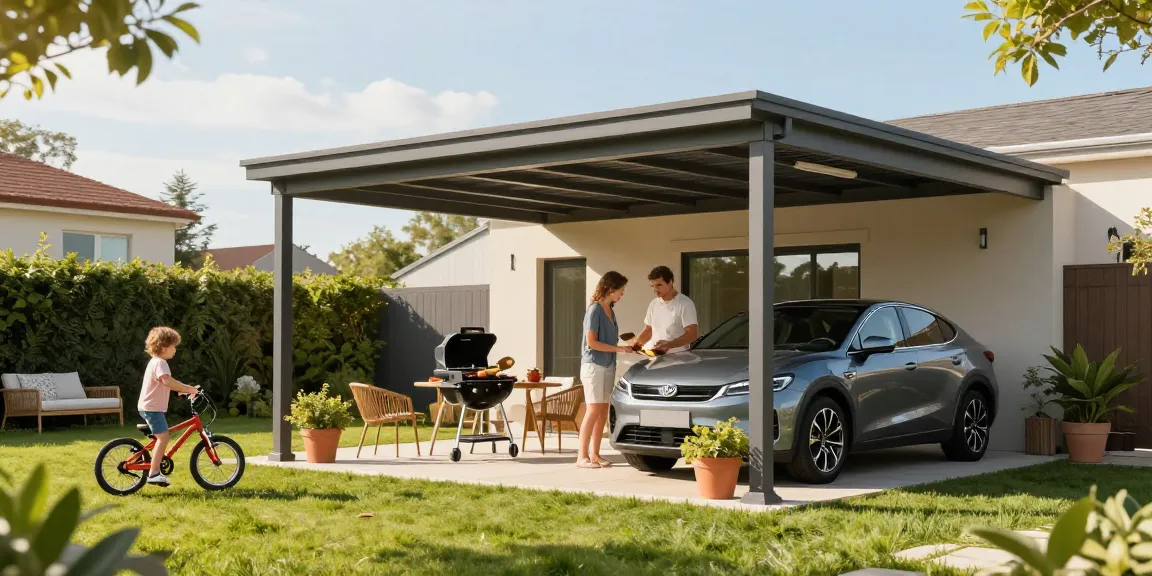 Moderne Carport-Umgebung mit Familie beim Grillen und stilvollem Design.