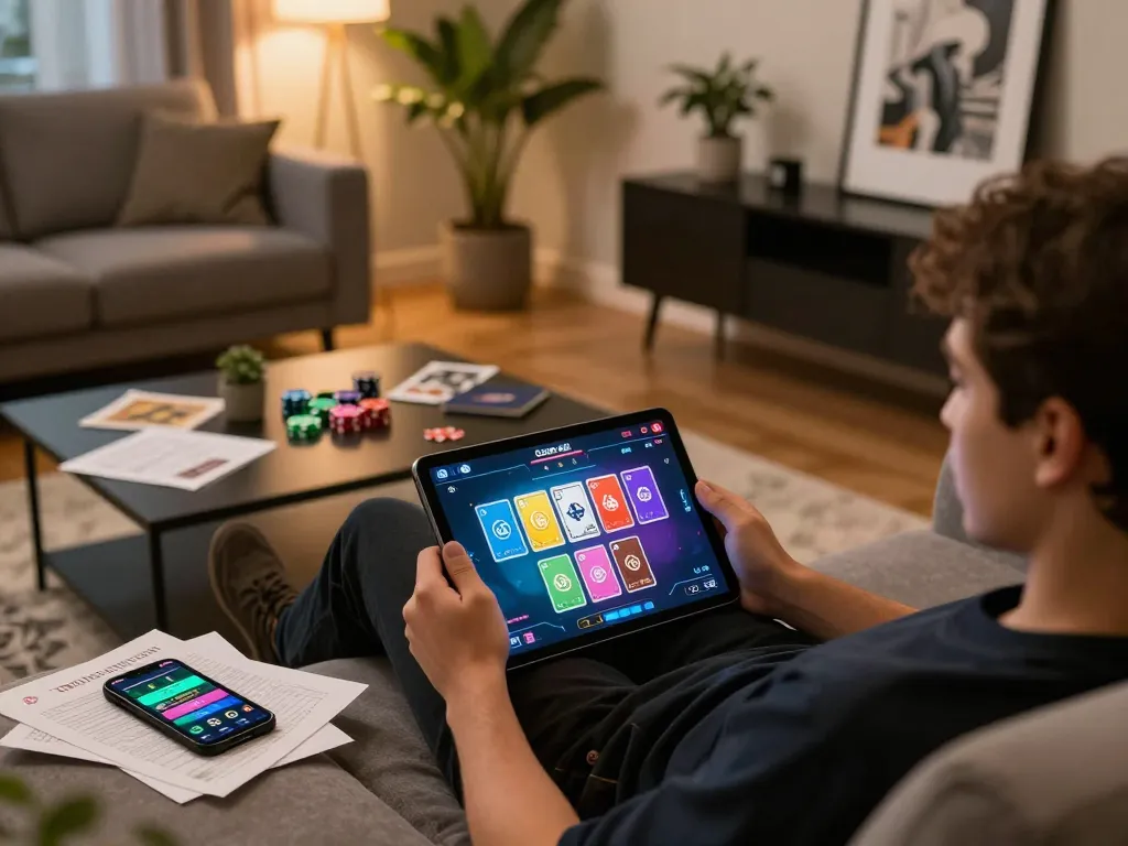 Engaging in online gaming at 68 Game Bài with strategy notes and tablet displayed