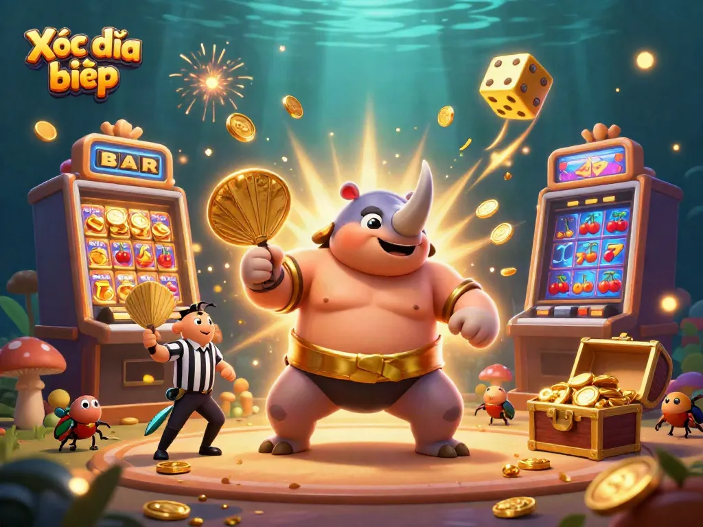 Xóc đĩa bịp illustration showing a rhinoceros beetle champion amidst a burst of coins and slot machine symbols for an engaging casino theme