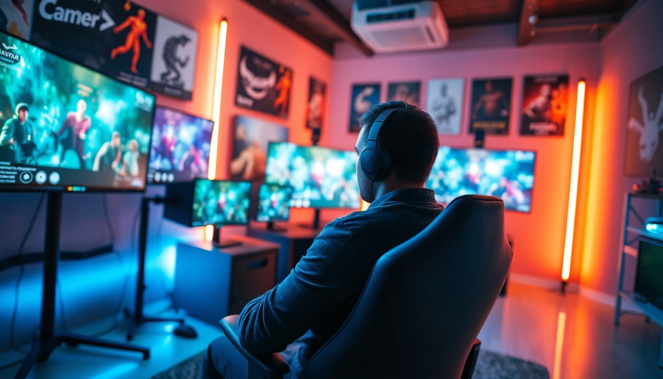 Twitch Streamer Österreich in modern gaming setup mit mehreren Bildschirmen und dynamischen Lichtern.