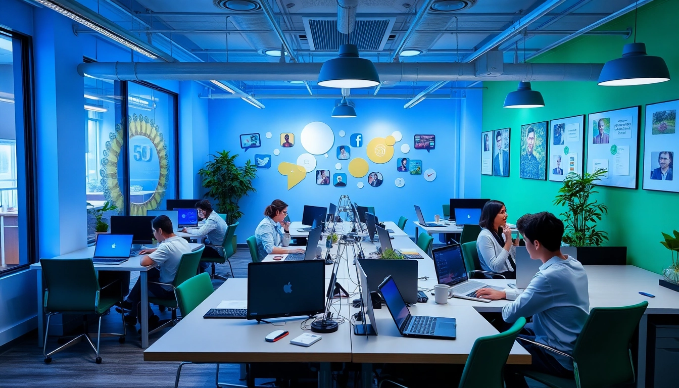 Team von Kreativen in einer Social Media Agency brainstormt innovative Ideen in einem modernen Büro.