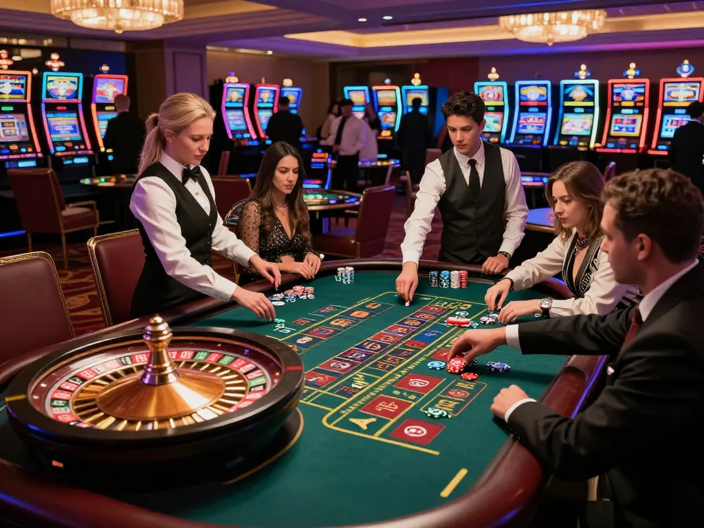 Players placing bets at a lively Go8 roulette table in a vibrant casino.
