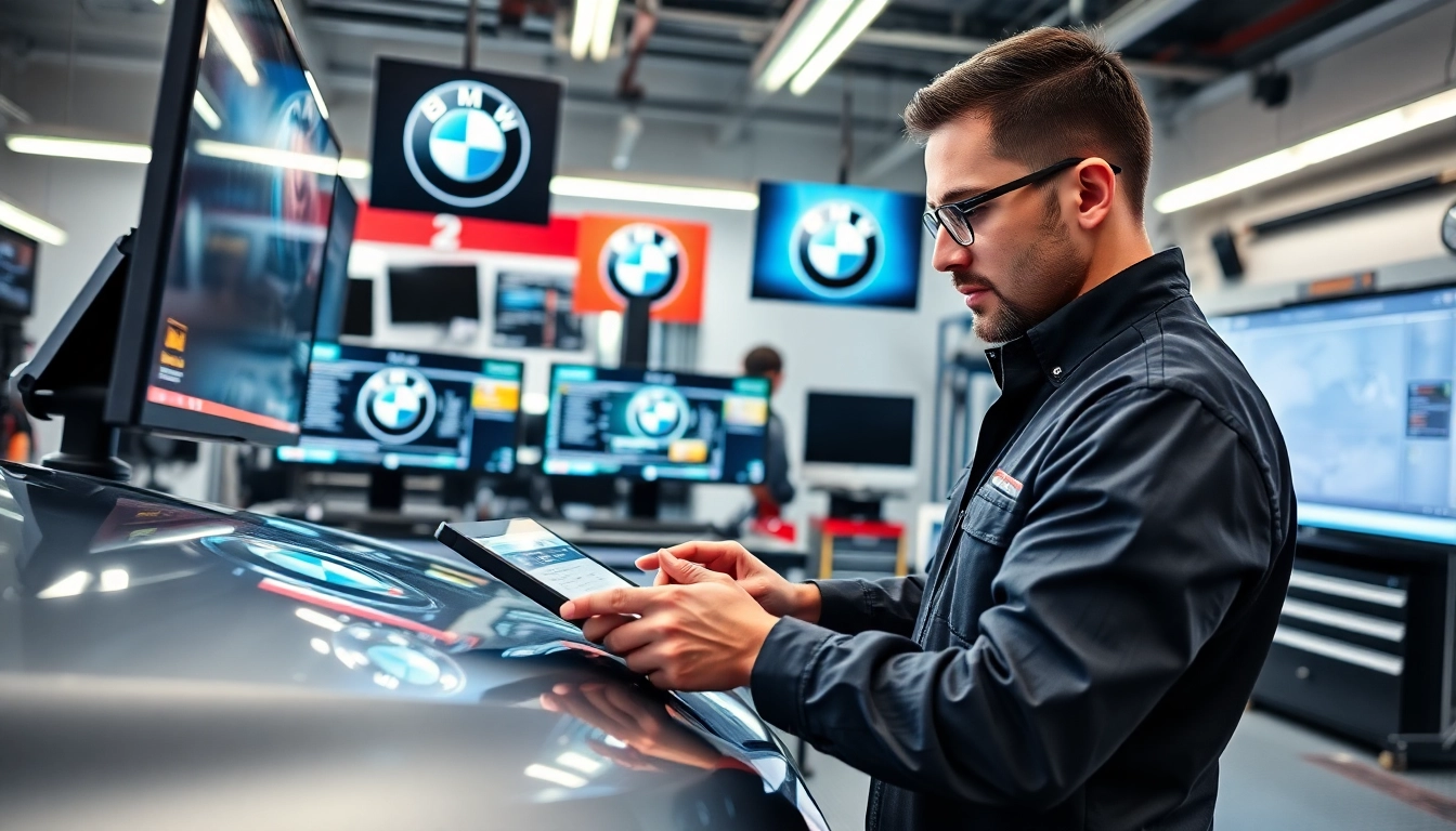 BMW Codierung: Techniker programmiert Fahrzeuge in einer modernen Werkstatt.