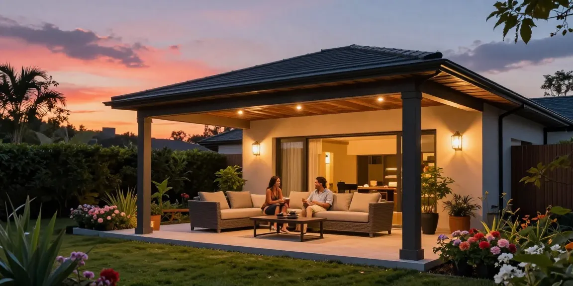 Gemütliche freistehende Terrassenüberdachung mit Paar im Garten bei Sonnenuntergang