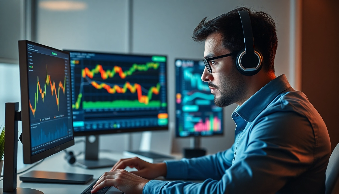 Handeln mit BrightFunded: Trader am Arbeitsplatz zeigt dynamische Handelsdaten und moderne Handelsumgebung.