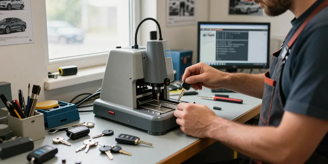 Autoschlüssel nachmachen: Professioneller Schlüsseldienst im Werkstattumfeld mit hochwertigen Maschinen und Schlüsselteilen.