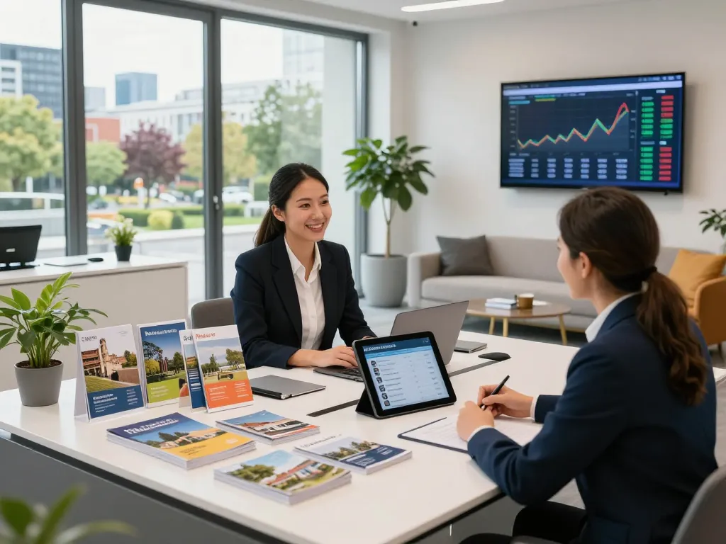 Immobilienmakler Frankfurt Preungesheim, der Kunden in einem modernen Bürosetting anspricht und Immobilienangebote sowie Markttrends präsentiert.