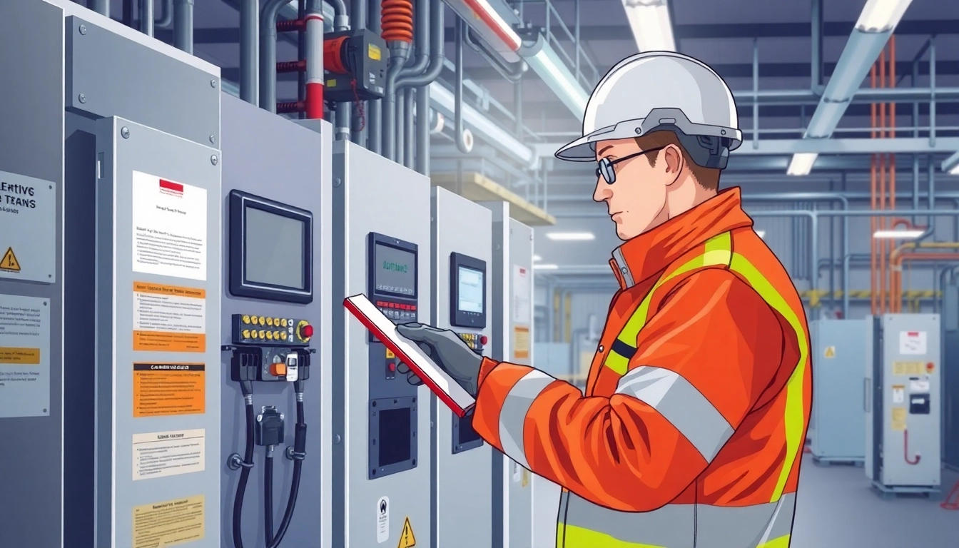 Technician conducting a DGUV V3 Prüfung for electrical safety compliance in an industrial environment.