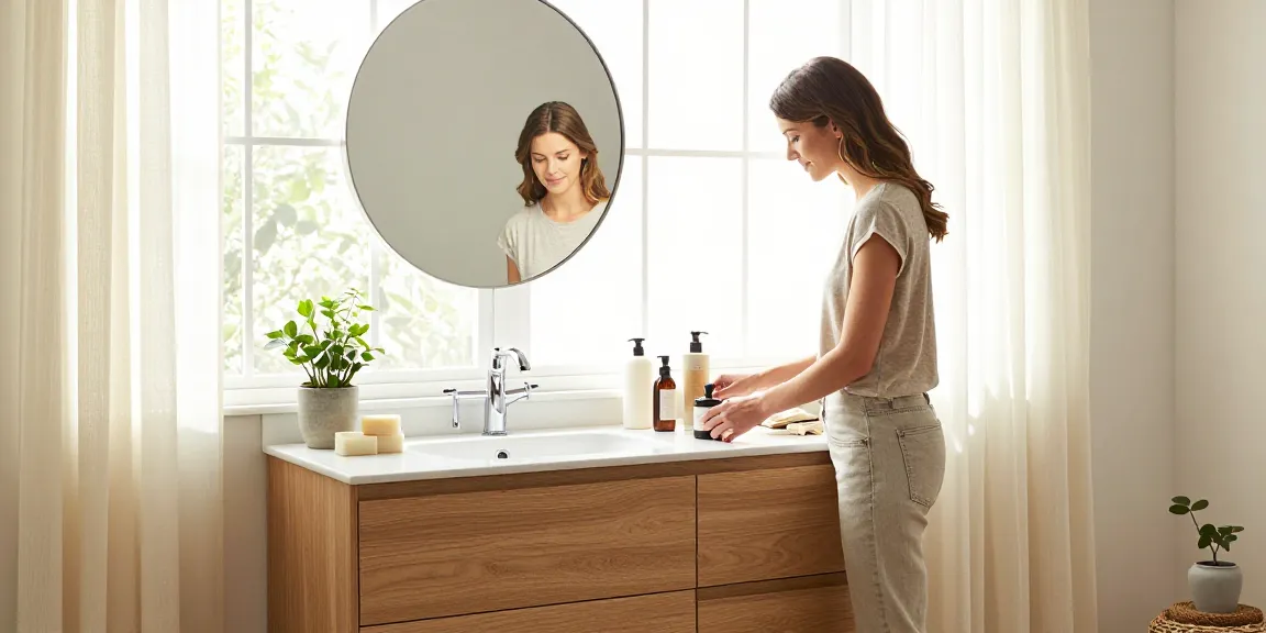 Ontdek een stijlvolle wastafelonderkast van 100 cm breed in een moderne badkamer, met elegante decoratie en persoonlijke verzorgingsproducten.