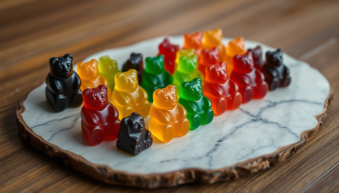 Genießen Sie farbenfrohe thc gummibären, die frisch auf einem Teller präsentiert werden.