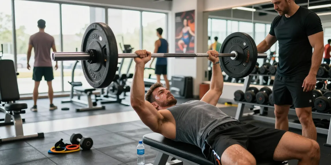 Ein Mann trainiert im Anabolika Shop Deutschland Fitnessstudio und zeigt Stärke und Konzentration beim Bankdrücken.