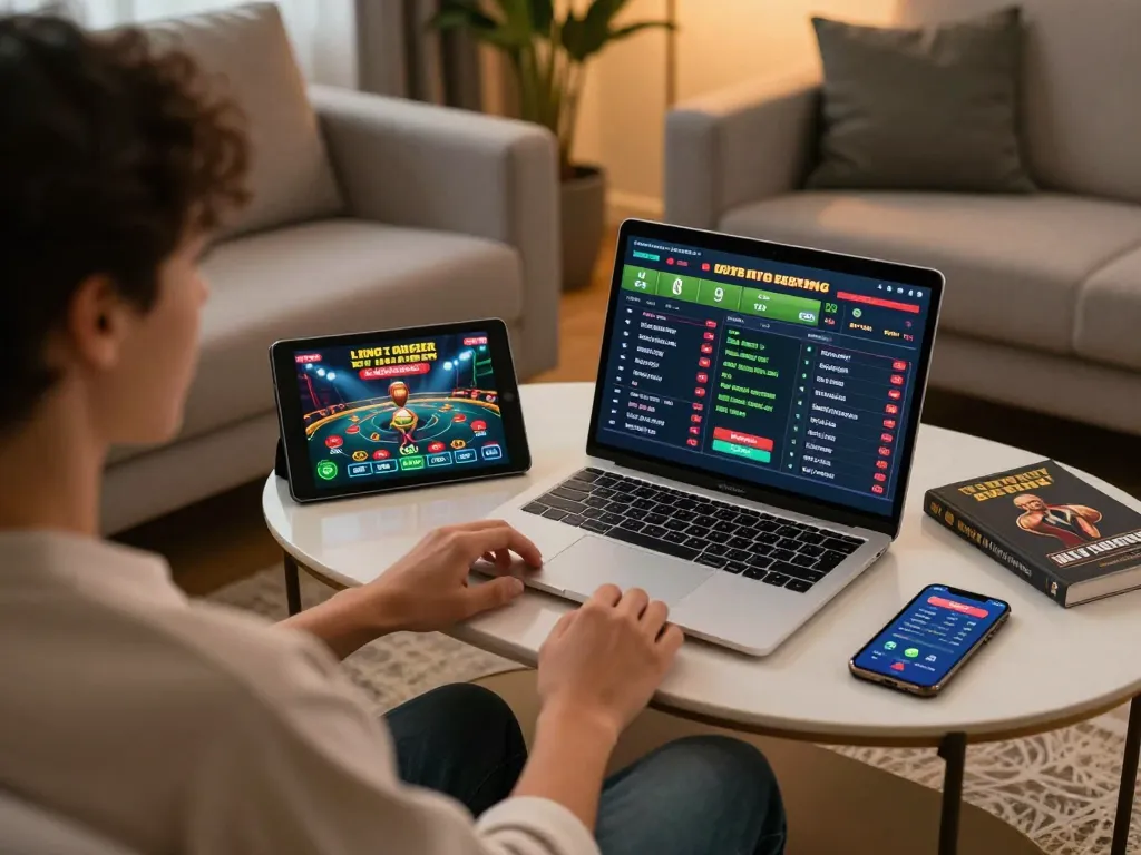Engaging online betting with a laptop showing bsport live sports odds during a cozy home session