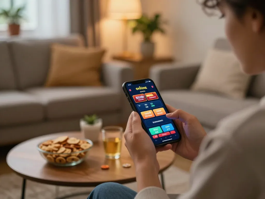 Engaging with mk8th mobile casino app in a cozy home setting, showcasing remote gambling excitement.