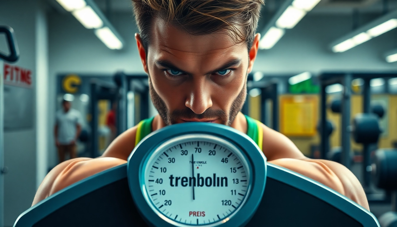 Trenbolon preis auf der Waage in einem Fitnessstudio mit einem motivierten Trainer.