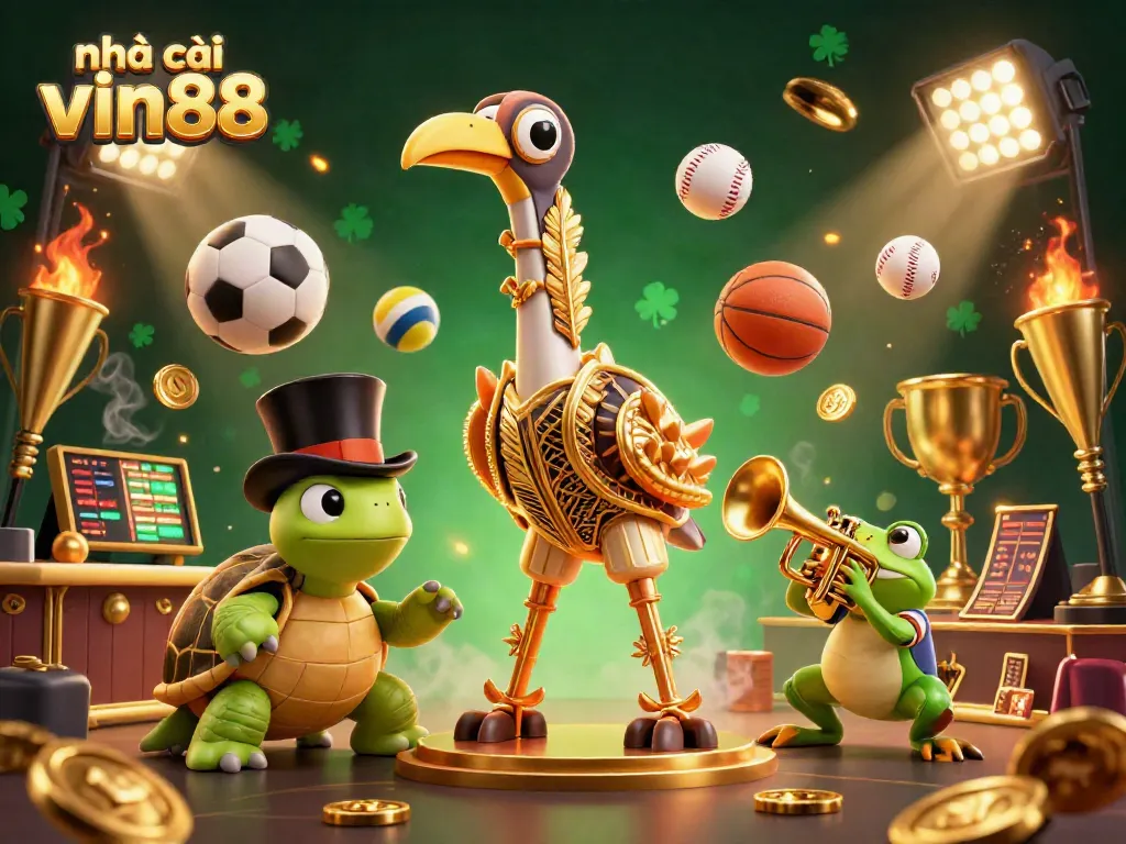 Engaging scene of nhà cái vin88 with cartoon characters amid dynamic sports action and rich casino elements