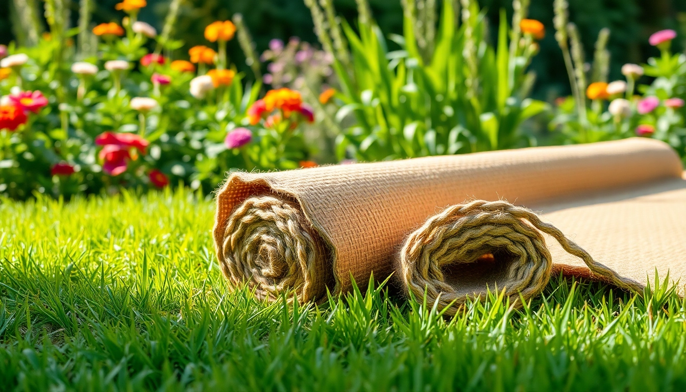 Hanfmatte auf grünem Rasen mit bunten Blumen im Hintergrund präsentieren