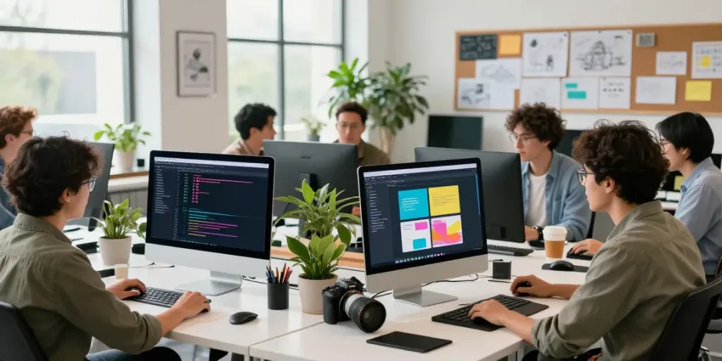 Webdesign Saarland: Modernes Büro mit kreativen Profis, die an Website-Design arbeiten.