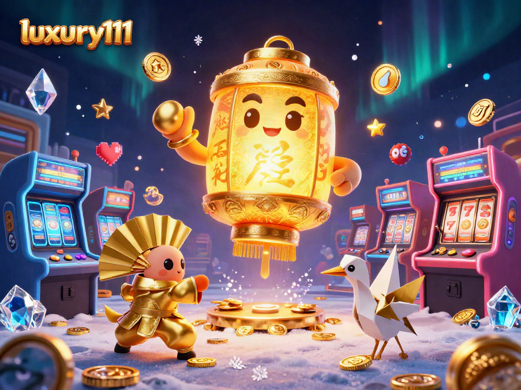 Engage with luxury111 in a vibrant casino scene filled with golden characters and dynamic gaming elements.